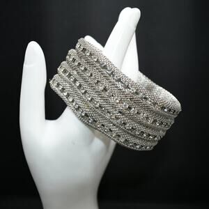 Vintage Wide Rhinestone Silver Tone Bracelet, Magnetic Clasp, 7 1/2 Inches